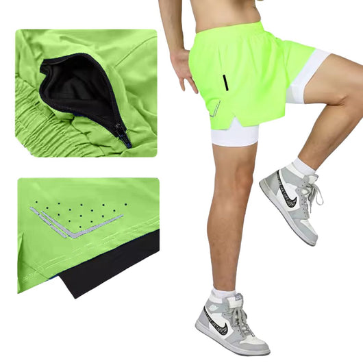 Men Sports Double-layer 2-in-1 Compression Shorts with Breathable Soft Mesh Inner - Gym - Running Loose Fit Athletics Double Layer with Back Zip Pocket.