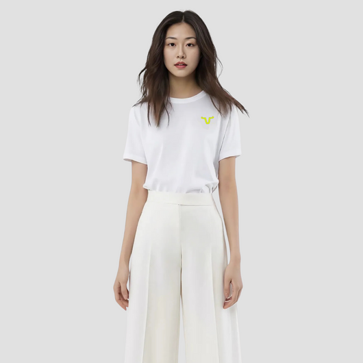 It features a neon yellow logo, slim-fit cut, round neck, and thin bottom style for a clean and trendy finish.