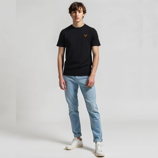 Styled with a bold neon orange logo, it comes in a slim-fit cut with rugged hem round neck, rugged sleeves, and a double rugged bottom style.