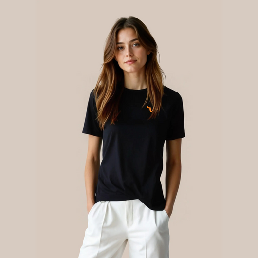 It features a slim-fit cut, round neck, and thick bottom style, giving it a sleek and trendy appearance.