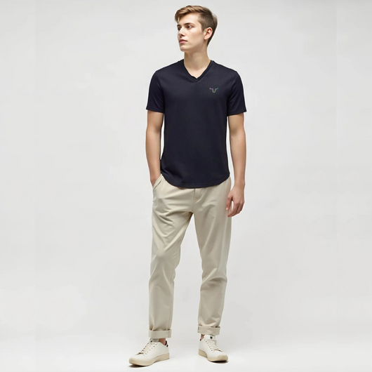 It features a slim-fit cut, round neck, and thick bottom style, giving it a sleek and trendy appearance.