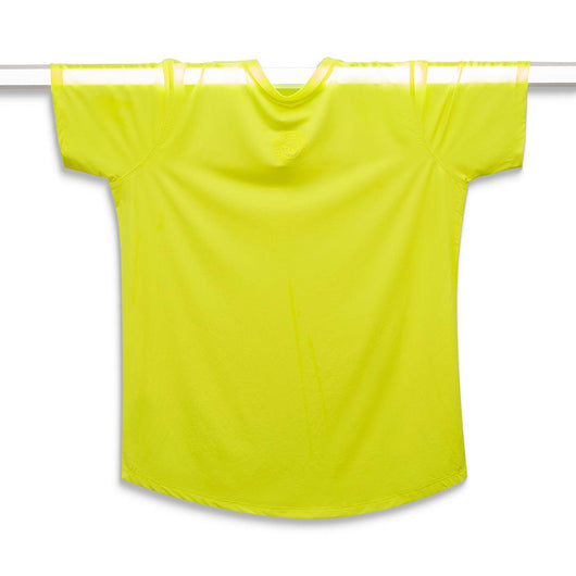 Short Sleeve Unisex T-shirt Design - Round Front Back - Logo Reflected Neon Yellow - Slim-Fit - Round Neck - Round Bottom Style.