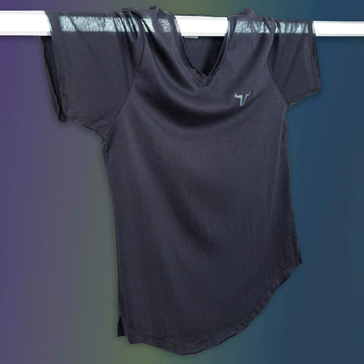 The slim-fit cut is styled with raw edge hem V-neck, rugged sleeves, and a double rugged hem round bottom style.
