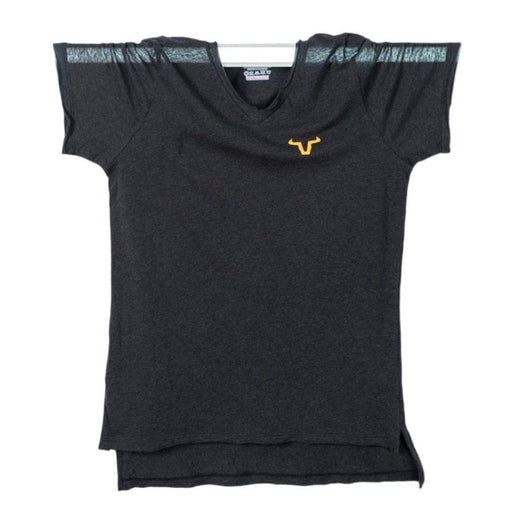 It features a neon orange logo, slim-fit cut, and rugged hem V neck with rugged sleeve finish. The bottom style is double rugged, ensuring durability with a modern edge.