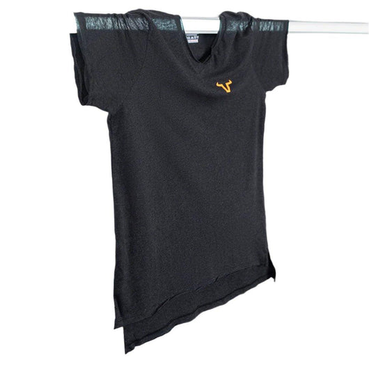 It features a neon orange logo, slim-fit cut, and rugged hem V neck with rugged sleeve finish. The bottom style is double rugged, ensuring durability with a modern edge.