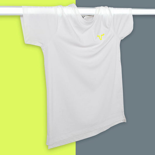 It features a neon yellow logo, slim-fit cut, round neck, and thin bottom style for a clean and trendy finish.