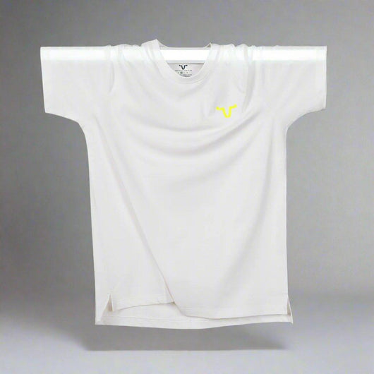 It features a neon yellow logo, slim-fit cut, round neck, and thin bottom style for a clean and trendy finish.