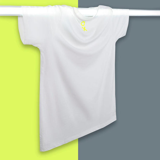 It features a neon yellow logo, slim-fit cut, round neck, and thin bottom style for a clean and trendy finish.