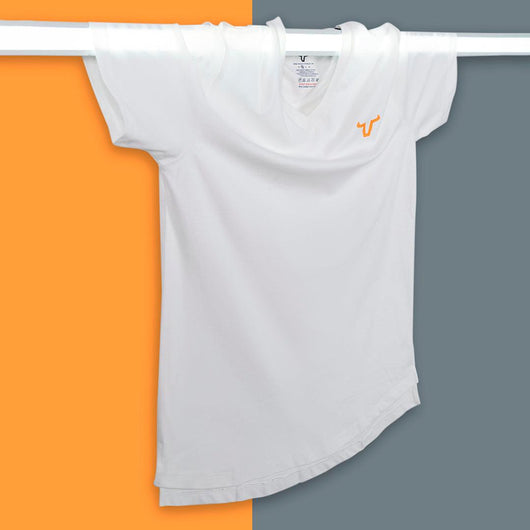 The neon orange logo adds a bold touch, while the slim-fit cut with a V neck and thin bottom style ensures a sleek and contemporary appearance.