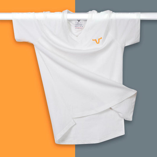 The neon orange logo adds a bold touch, while the slim-fit cut with a V neck and thin bottom style ensures a sleek and contemporary appearance.
