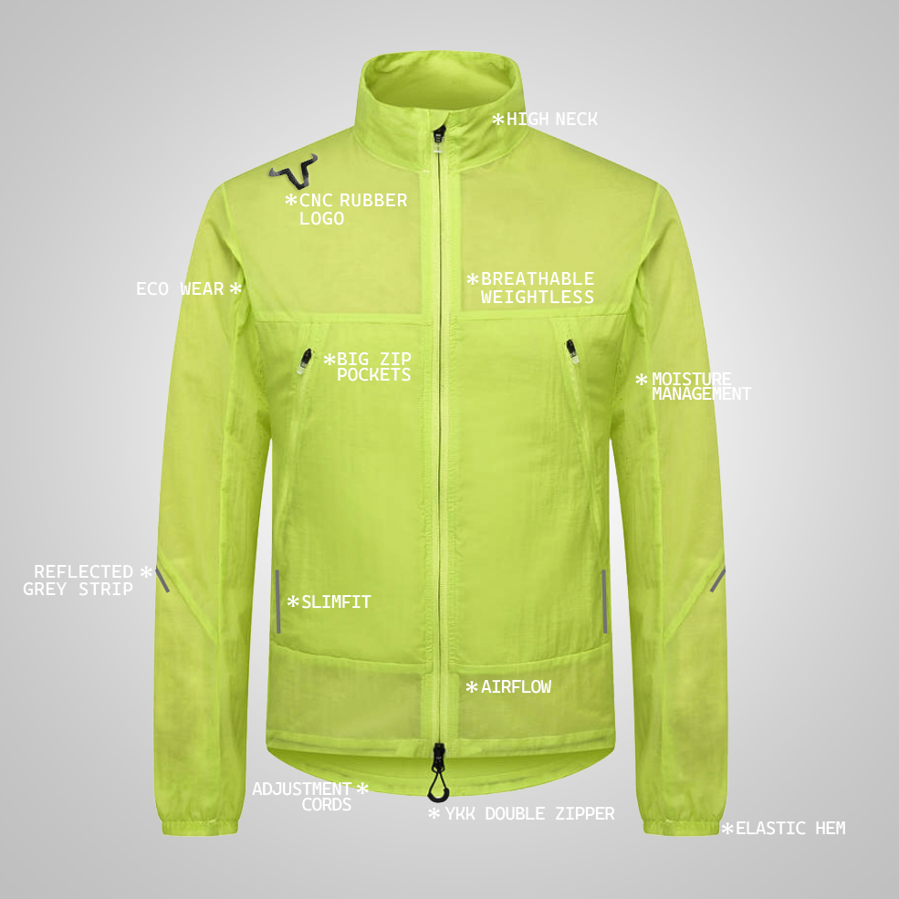 Full Sleeve Unisex Jacket Design - Front Straight Back Long - YKK Double Zipper - Both Sides Big Zip Pockets - Reflected Grey Strip At The Back Both Arms/Waist Line - Both Sides Adjustment Cords - Slim-Fit - High Neck - Thin Elastic Hem Bottom - Fabrique Au Korea - Eco Wear - Quick Drying - Extra Comfort - Moisture Management - Design Pattern Au Vietnam - Developed in Beijing China.