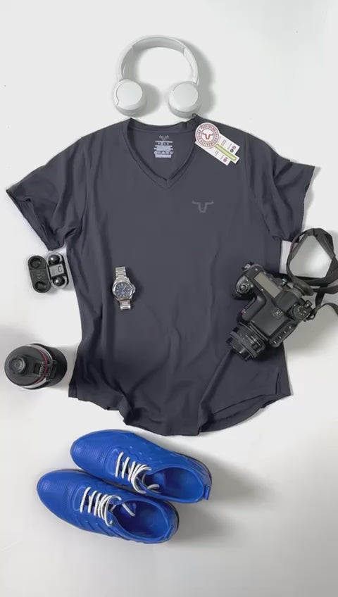 The slim-fit cut is styled with raw edge hem V-neck, rugged sleeves, and a double rugged hem round bottom style.